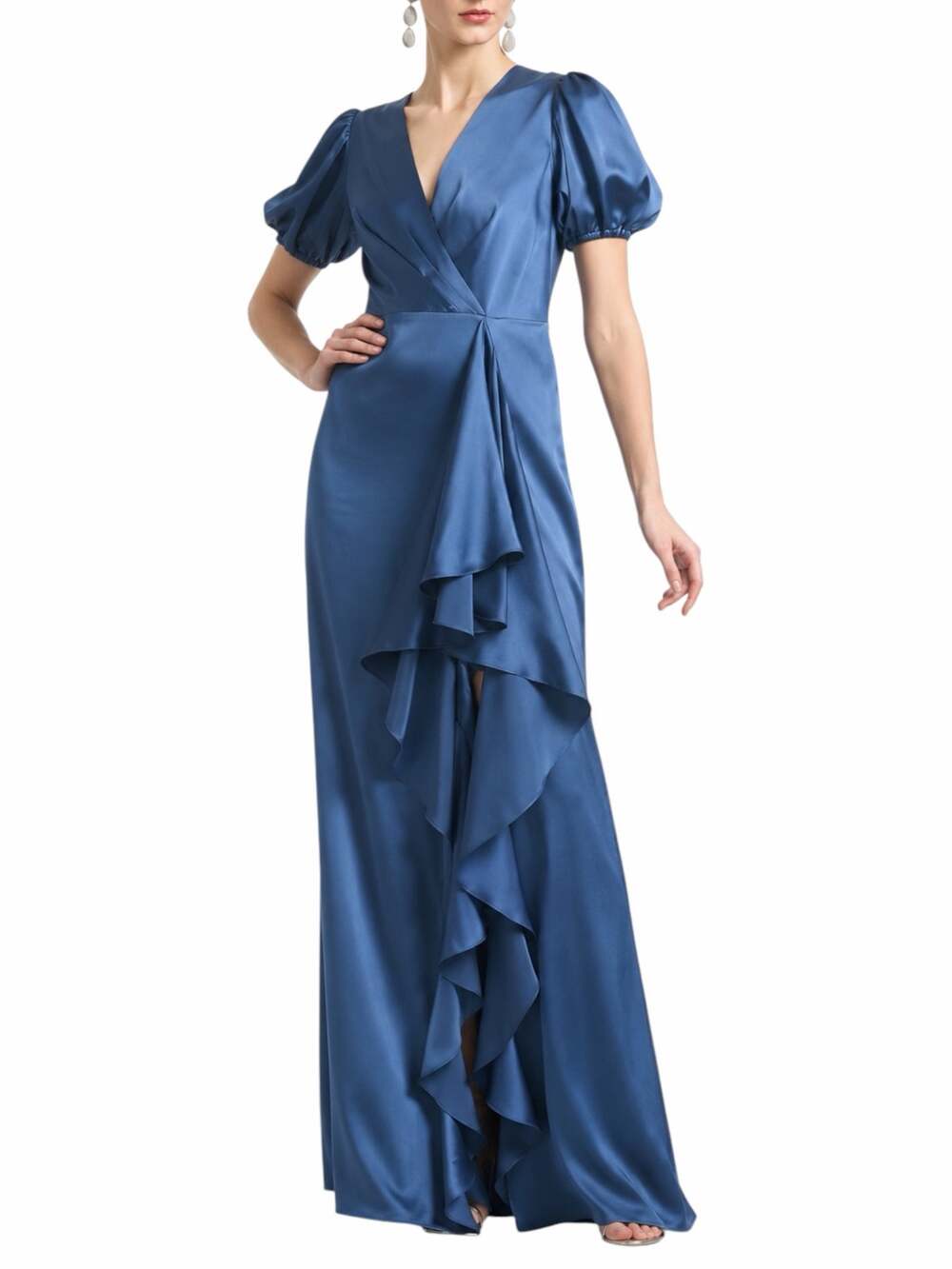 Sachin and Babi Mila Satin Crepe Ruffle Gown Dress Indigo Blue Size 8